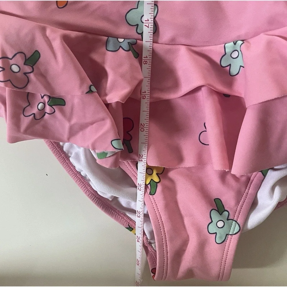Hanna Andersson Girls Size 150 US 12 Swimsuit One Piece Pink Ditsy Floral Ruffle